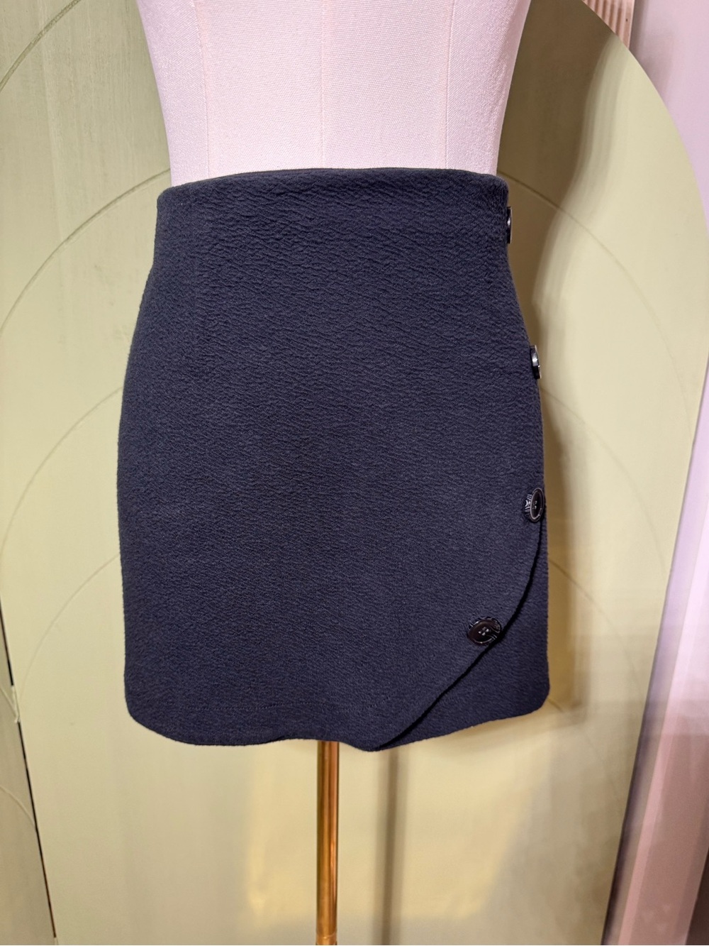 Anthropologie Textured Black Mini Skirt with Side Button Detail